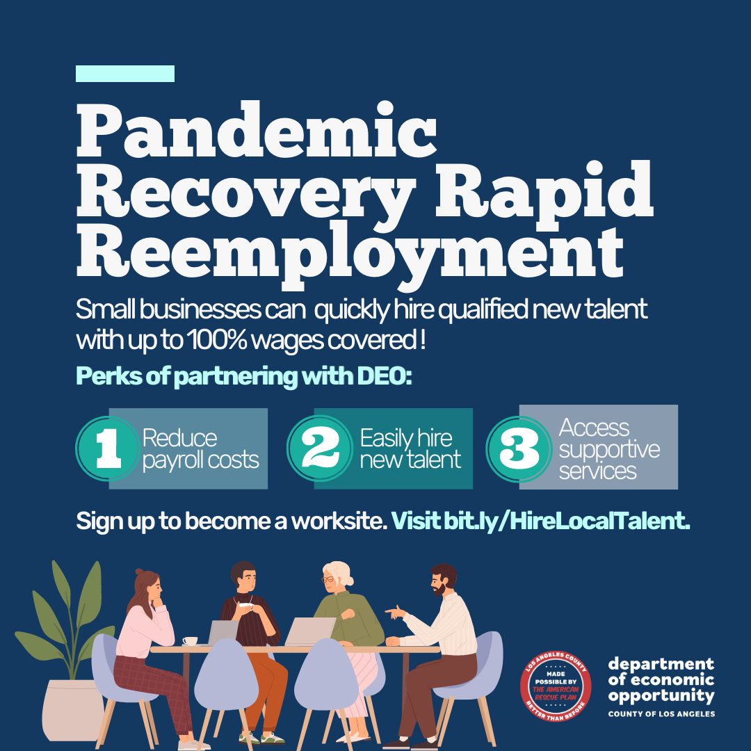 Pandemic Recovery Rapid reemployment grants. Small businesses can quickly hire qualified talent with up to 100% wages covered. Part of the Equal Opportunity Grants (EOG) being offered in 2023 for microbusinesses, small businesses, nonprofits, and more to help them recover and reopen